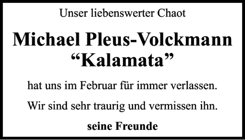  Traueranzeige für Michael Pleus-Volckmann Kalamata vom 12.03.2022 aus Braunschweiger Zeitung