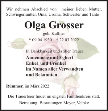 Traueranzeige von Olga Grosser von Wolfsburger Nachrichten