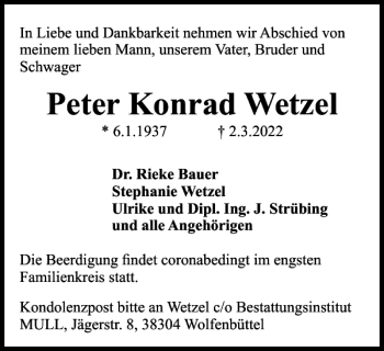 Traueranzeige von Peter Konrad Wetzel von Braunschweiger Zeitung