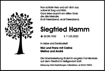 Traueranzeige von Siegfried Hamm von Wolfsburger Nachrichten