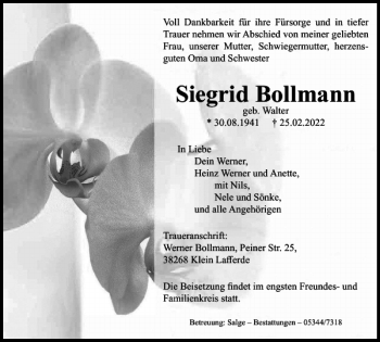 Traueranzeige von Siegrid Bollmann von Peiner Nachrichten