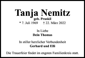 Traueranzeige von Tanja Nemitz von Braunschweiger Zeitung