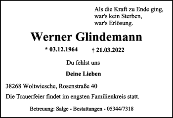 Traueranzeige von Werner Glindemann von Peiner Nachrichten