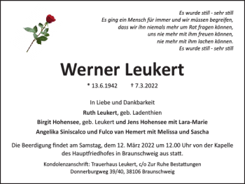 Traueranzeige von Werner Leukert von Braunschweiger Zeitung