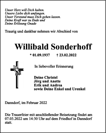 Traueranzeige von Willibald Sonderhoff von Helmstedter Nachrichten