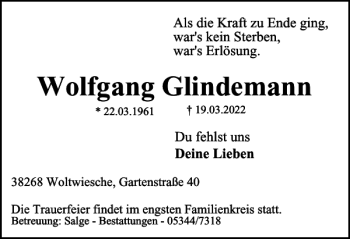 Traueranzeige von Wolfgang Glindemann von Peiner Nachrichten