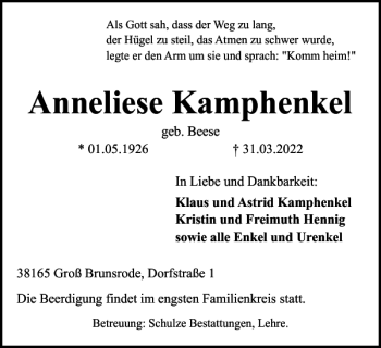 Traueranzeige von Anneliese Kamphenkel von Helmstedter Nachrichten
