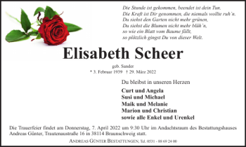 Traueranzeige von Elisabeth Scheer von Braunschweiger Zeitung