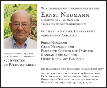 Traueranzeige von Ernst Neumann von Helmstedter Nachrichten