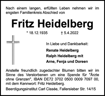 Traueranzeige von Fritz Heidelberg von Braunschweiger Zeitung