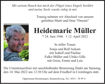 Traueranzeige von Heidemarie Müller von Braunschweiger Zeitung