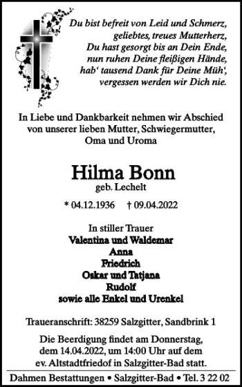 Traueranzeige von Hilma Bonn von Salzgitter Zeitung
