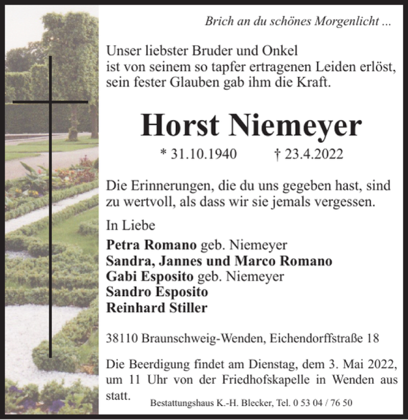  Traueranzeige für Horst Niemeyer vom 30.04.2022 aus Braunschweiger Zeitung