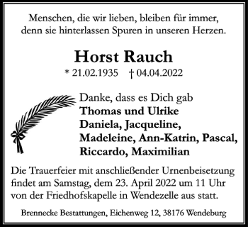 Traueranzeige von Horst Rauch von Peiner Nachrichten