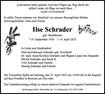 Traueranzeige von Ilse Schrader von Braunschweiger Zeitung