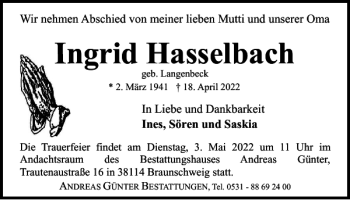 Traueranzeige von Ingrid Hasselbach von Braunschweiger Zeitung