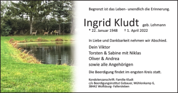 Traueranzeige von Ingrid Kludt von Wolfsburger Nachrichten