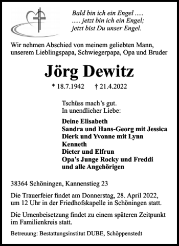 Traueranzeige von Jörg Dewitz von Helmstedter Nachrichten