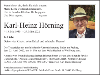 Traueranzeige von Karl-Heinz Hörning von Wolfsburger Nachrichten