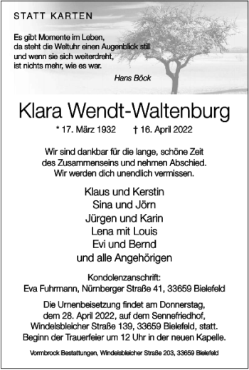 Traueranzeige von Klara Wendt-Waltenburg von Wolfsburger Nachrichten