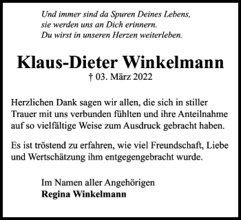 Traueranzeige von Klaus-Dieter Winkelmann von Wolfsburger Nachrichten