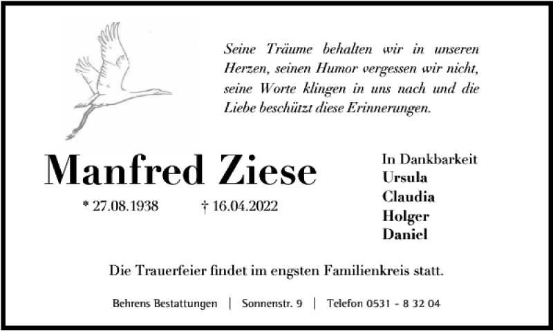  Traueranzeige für Manfred Ziese vom 23.04.2022 aus Braunschweiger Zeitung