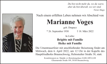 Traueranzeige von Marianne Voges von Braunschweiger Zeitung