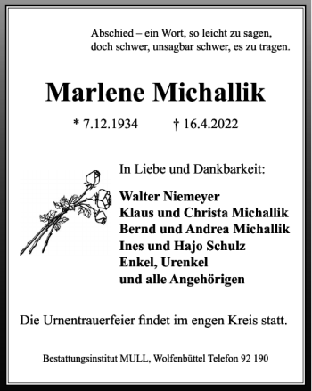 Traueranzeige von Marlene Michallik von Wolfenbütteler Zeitung