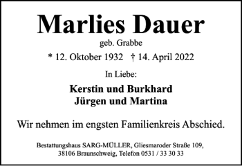 Traueranzeige von Marlies Dauer von Braunschweiger Zeitung