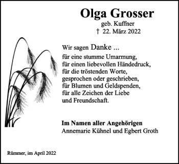Traueranzeige von Olga Grosser von Helmstedter Nachrichten