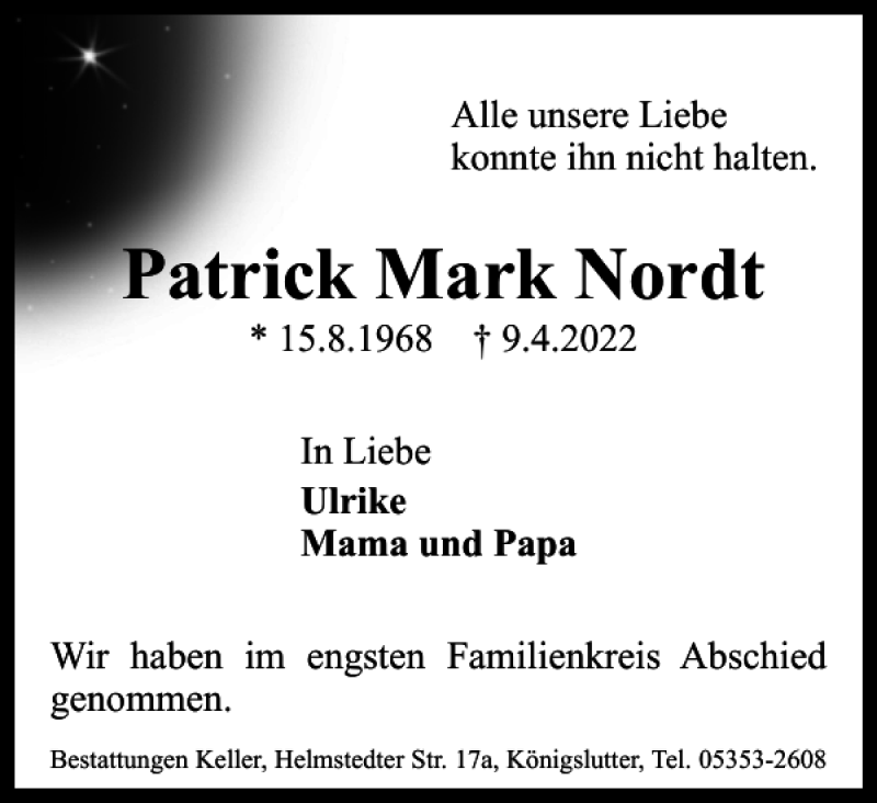  Traueranzeige für Patrick Mark Nordt vom 23.04.2022 aus Helmstedter Nachrichten