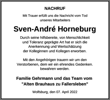 Traueranzeige von Sven-André Horneburg von Wolfsburger Nachrichten