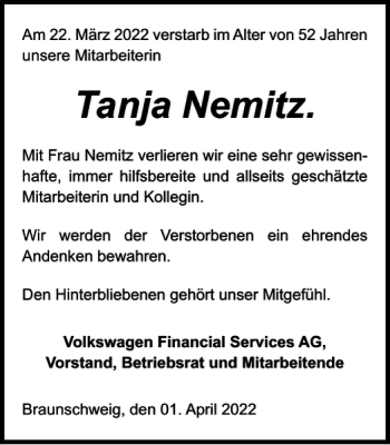Traueranzeige von Tanja Nemitz von Braunschweiger Zeitung