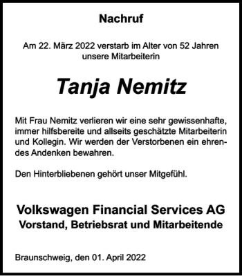 Traueranzeige von Tanja Nemitz von Wolfsburger Nachrichten