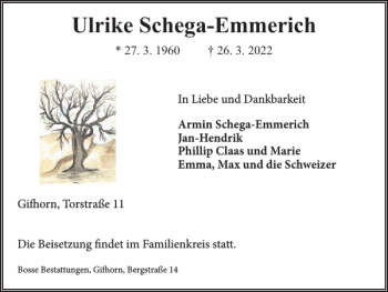 Traueranzeige von Ulrike Schega-Emmerich von Wolfsburger Nachrichten