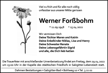 Traueranzeige von Werner Forßbohm von Salzgitter Zeitung