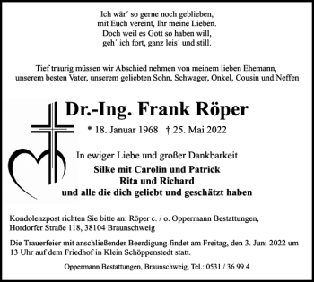 Traueranzeige von Dr.-Ing. Frank Röper von Wolfsburger Nachrichten
