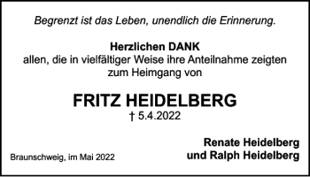 Traueranzeige von FRITZ HEIDELBERG von Braunschweiger Zeitung