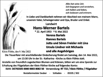 Traueranzeige von Hans-Werner Bartels von Wolfenbütteler Zeitung