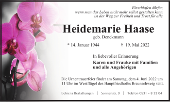 Traueranzeige von Heidemarie Haase von Braunschweiger Zeitung