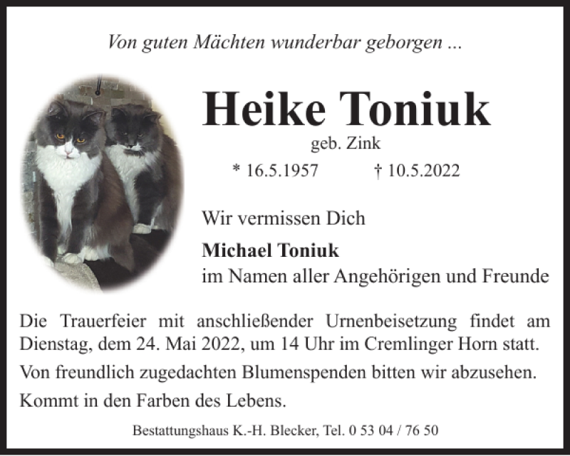  Traueranzeige für Heike Toniuk vom 14.05.2022 aus Braunschweiger Zeitung
