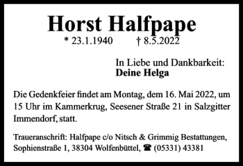Traueranzeige von Horst Halfpape von Wolfenbütteler Zeitung