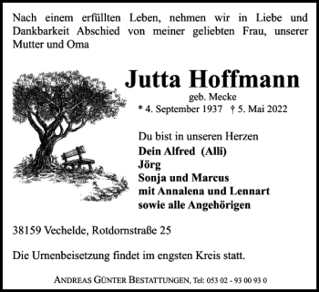 Traueranzeige von Jutta Hoffmann von Braunschweiger Zeitung