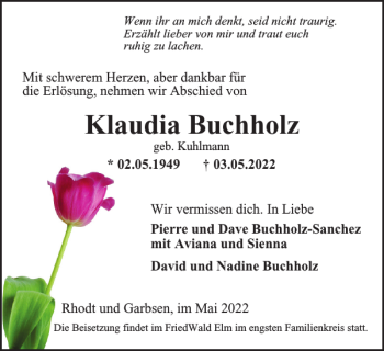 Traueranzeige von Klaudia Buchholz von Braunschweiger Zeitung