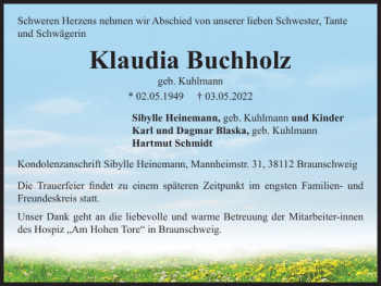 Traueranzeige von Klaudia Buchholz von Braunschweiger Zeitung