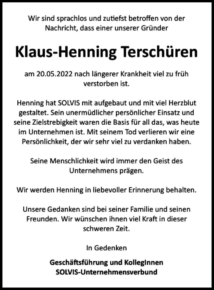  Traueranzeige für Klaus-Henning Terschüren vom 31.05.2022 aus Braunschweiger Zeitung