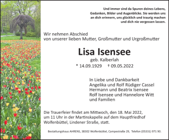 Traueranzeige von Lisa Isensee von Wolfenbütteler Zeitung