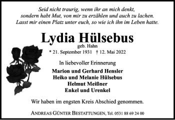 Traueranzeige von Lydia Hülsebus von Braunschweiger Zeitung