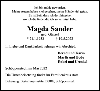 Traueranzeige von Magda Sander von Wolfenbütteler Zeitung