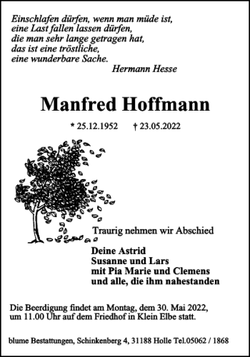 Traueranzeige von Manfred Hoffmann von Salzgitter Zeitung